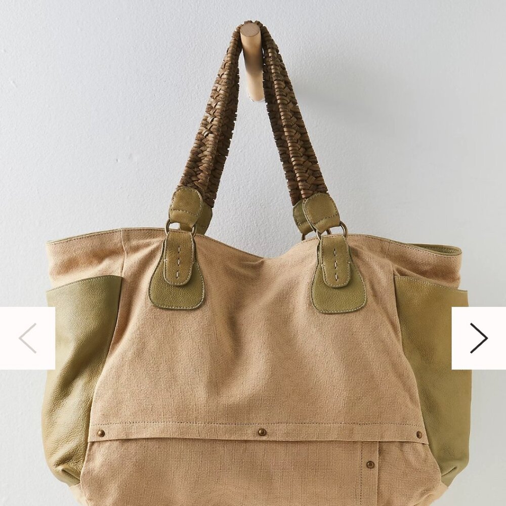 Large tan and green tote bag